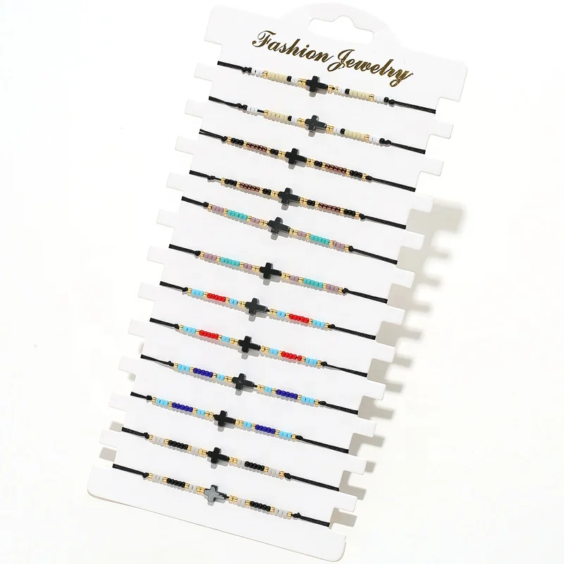 

New fashion 12pcs/card hot sale bohemian seed beads hematite cross woven bracelet wholesale custom Friendship Bracelet Set, Picture