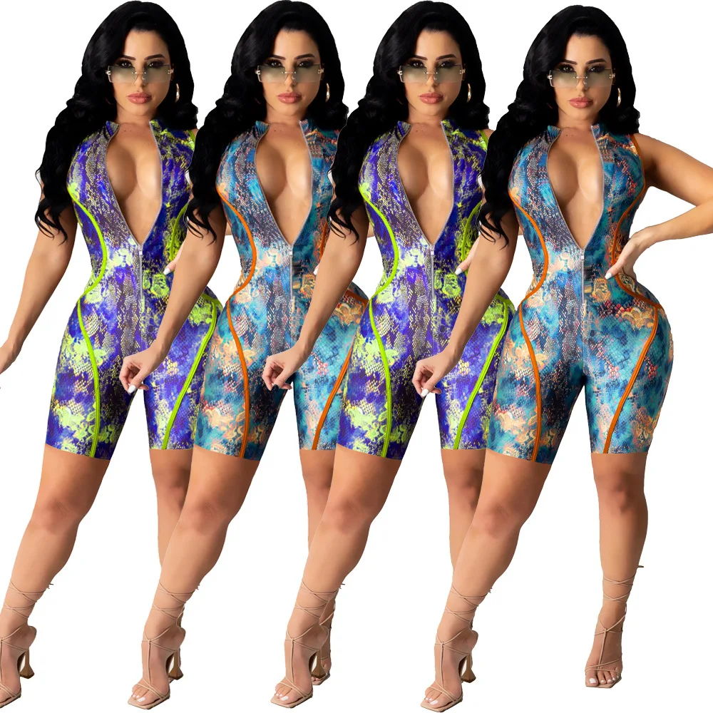 

Summer Fashion Casual Women'S Printed Zipper Short Jumpsuit