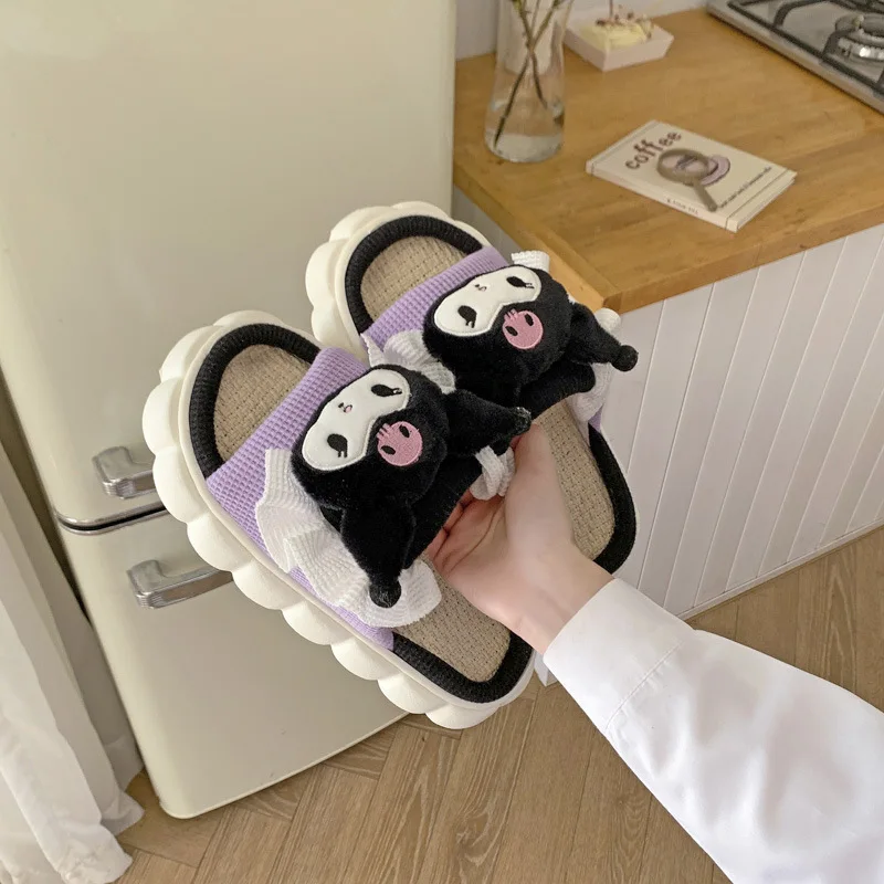 

Cartoon Anime Sanrio Shoes Kuromi Cinnamoroll Home Slippers Women Cotton Linen Plush Casual Slippers