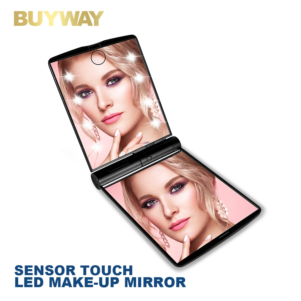 

Logo Printed Portable Travel Mini Led Vanity Mirror 2 Folding Compact Pocket Cosmetic Makeup Mirror With 8 Smd Led Lights, Black, red, white, blue, pink, purple