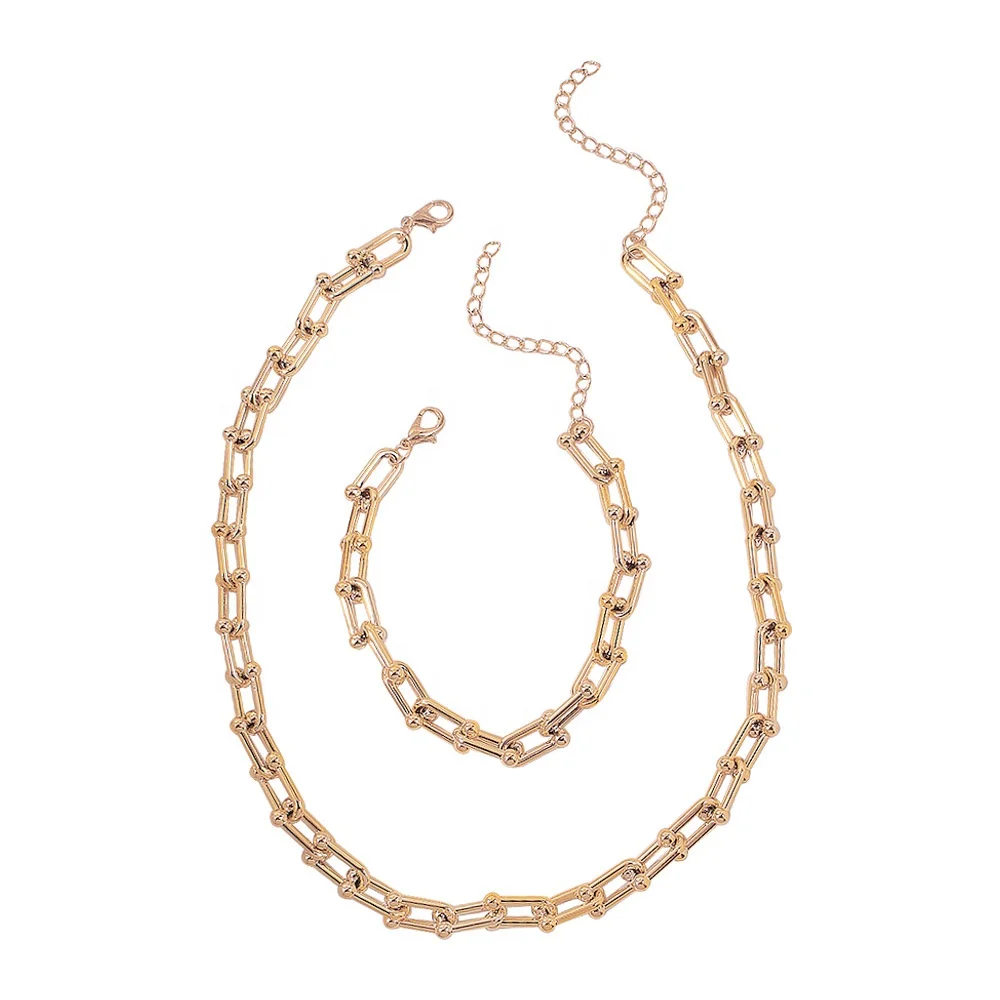 

Ziming Punk Style U Shape Handmade Locked Linked Chain Gold Choker Short Necklace Bracelet Set