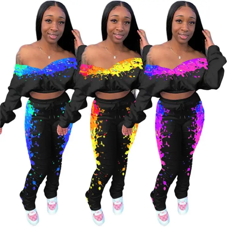 

2020 Fall Apparel For Women Tie Dye Long Sleeve Crop Top Plus Size Two Piece Sets