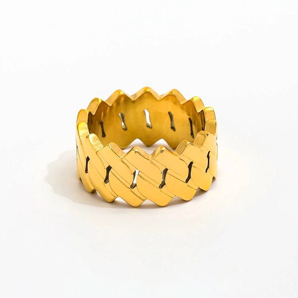Joolim Jewelry Wholesale 18K Gold Plated Stainless Steel Ring Chunky Link Chain Hollow Band Trendy Fashion Jewelry for Women