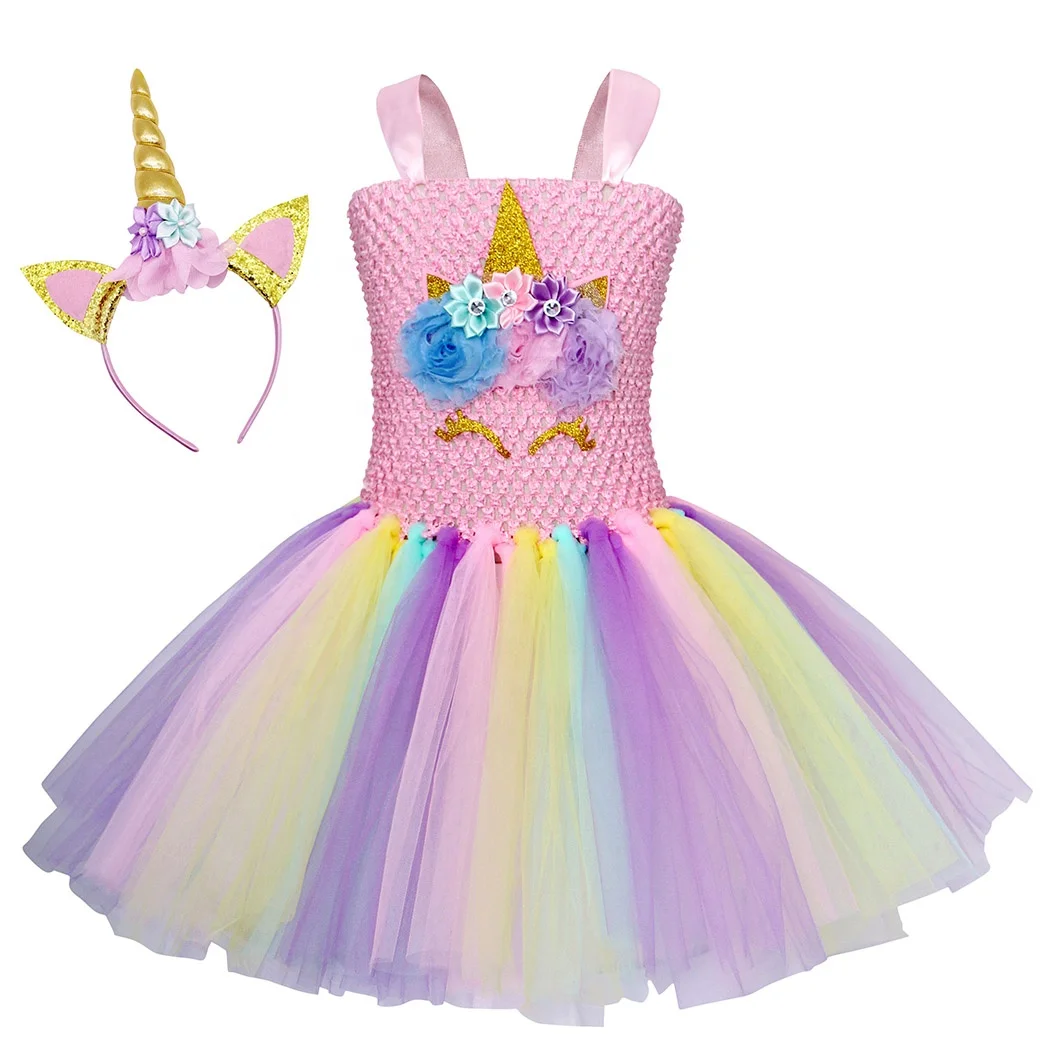 

Girls Unicorn Dress Tulle Tutu Dresses Dance Shows Gowns up Birthday Party Halloween Carnival with Unicorns Headband Kids O-neck