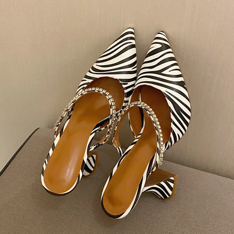 

2022 New Zebra Women Pumps Fashion Crystal Slingback High heels Party Strange Style Wedding Bride Shoes Size 35-41