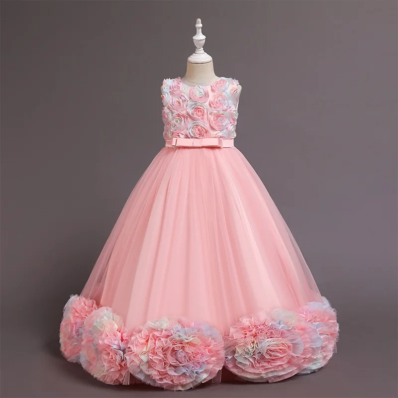 

New girls princess dress children net gauze flowers fluffy Europe colorful sleeveless party long kids gown in evening dress, Picture shows