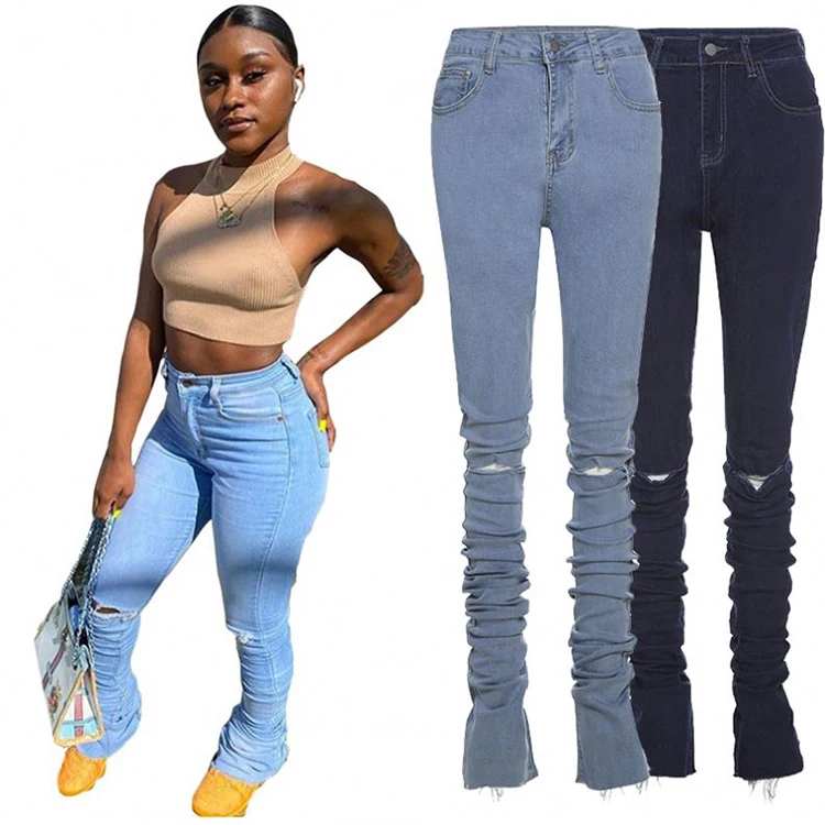 

Fashion Women Stacked Trousers Ruched Blue Pencil High Waist Skinny Womens Ripped Jeans, Deep blue / light blue