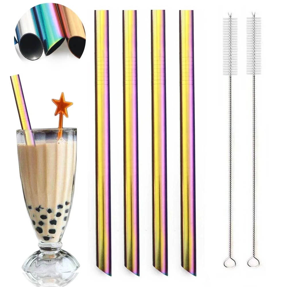 

Wholesale Reusable Metal Oblique Incisions Bubble Tea Straw 18/8 Stainless Steel Drinking Straw Set with Bag, Silver,gold,rose gold,rainbow,black