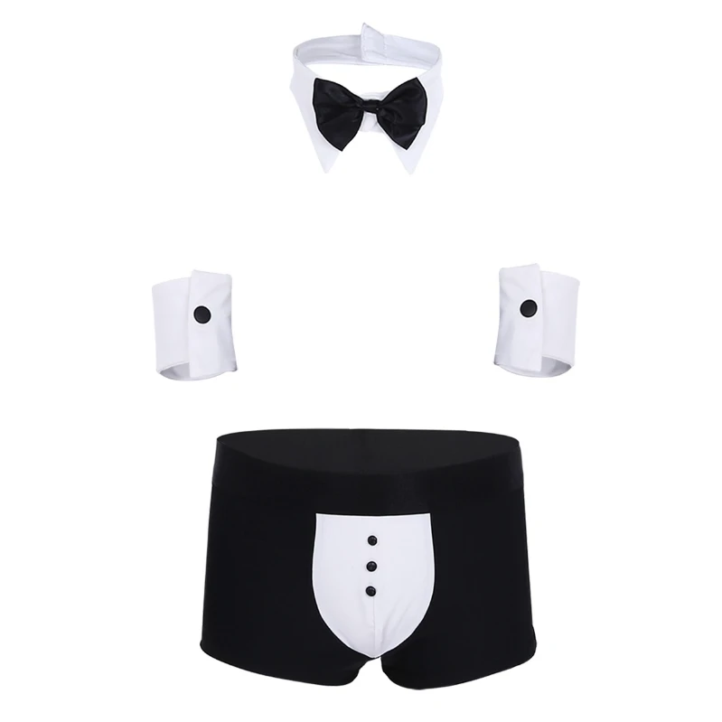 

iEFiEL Mens Waiter Tuxedo Lingerie Suit Bow Tie Collar Boxer Briefs Underwear Male Cosplay Costume Outfits Set