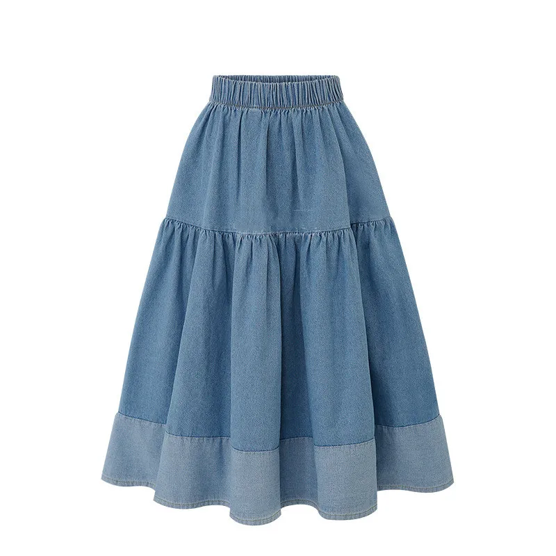 

LEX plus size dress & skirts elastic waist casual versatile splicing ruched jeans skirt for womans, Light blue/dark blue