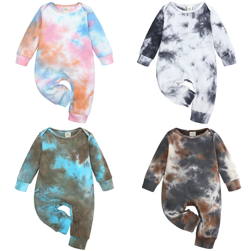 

2020 new fashion pit stripe tie dye jumpsuit button Autumn long sleeved coat crawl baby boys rompers for girls, As pic shows, we can according to your request also