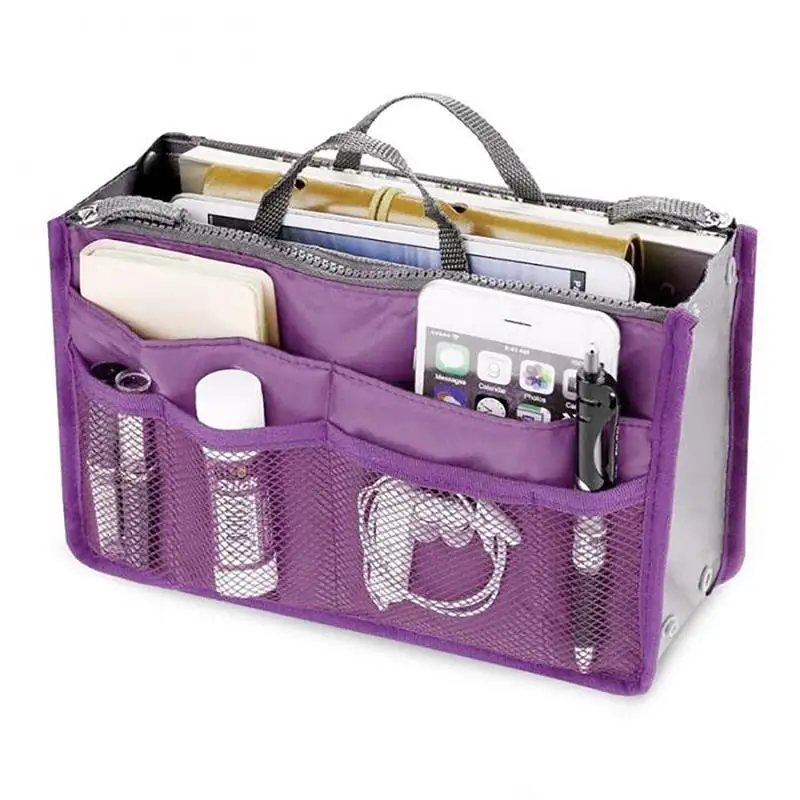 

High Quality Thicken Large Capacity Cosmetic Storage Nylon Travel Insert Organizer Handbag Purse Makeup Bag For Women Female, Blue, purple, red, orange, pink, gray, black,yellow, rose, sky blue