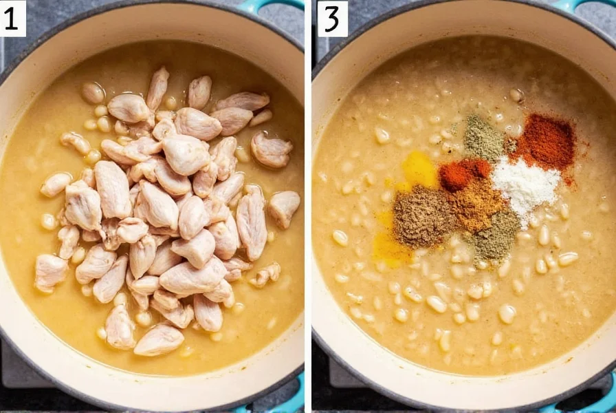 Step-by-step preparation of white chili with chicken showing diced chicken, beans, and spices in a pot