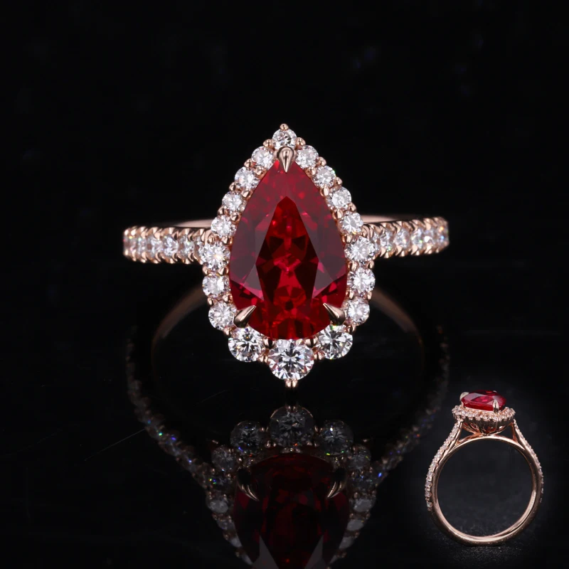 

2.5 carat blood red pear lab gemstone 14k rose solid gold woman ring jewelry