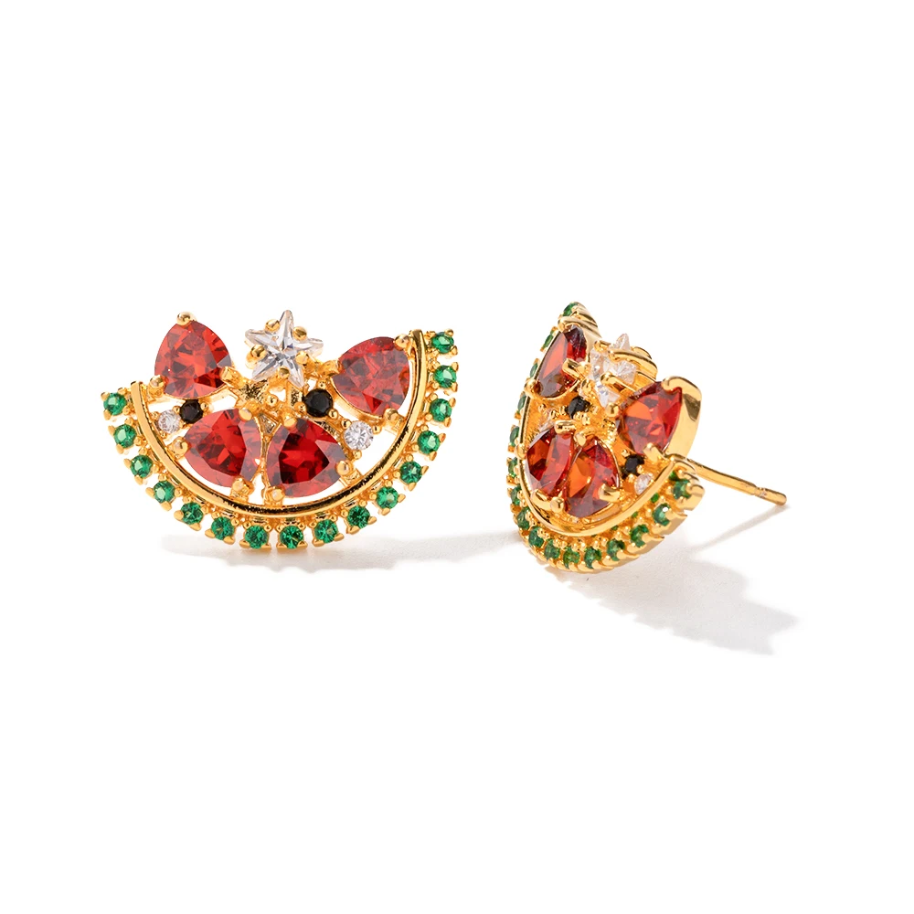 

Fruit Jewelry 18K Gold Plated Brass Watermelon Shape Colorful CZ Stone Cubic Zirconia Stud Earring for Girls Party