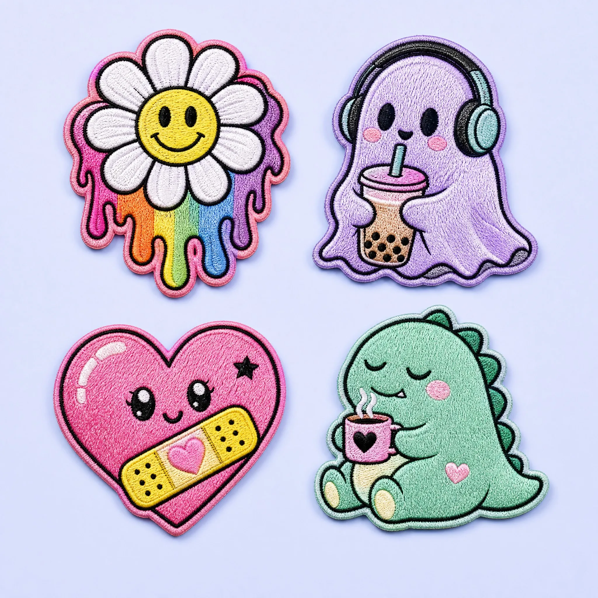4-Piece Kawaii Pop Art Collection: Melting Daisy, Boba Tea Ghost with Headphones, Wounded Heart Band-Aid, and Coffee Dinosaur