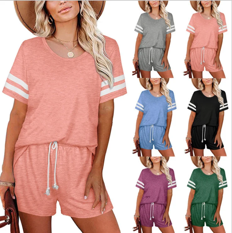 

The new spring/summer 2021 polyester/cotton women's short-sleeved striped casual T-shirt pocket shorts casual suit