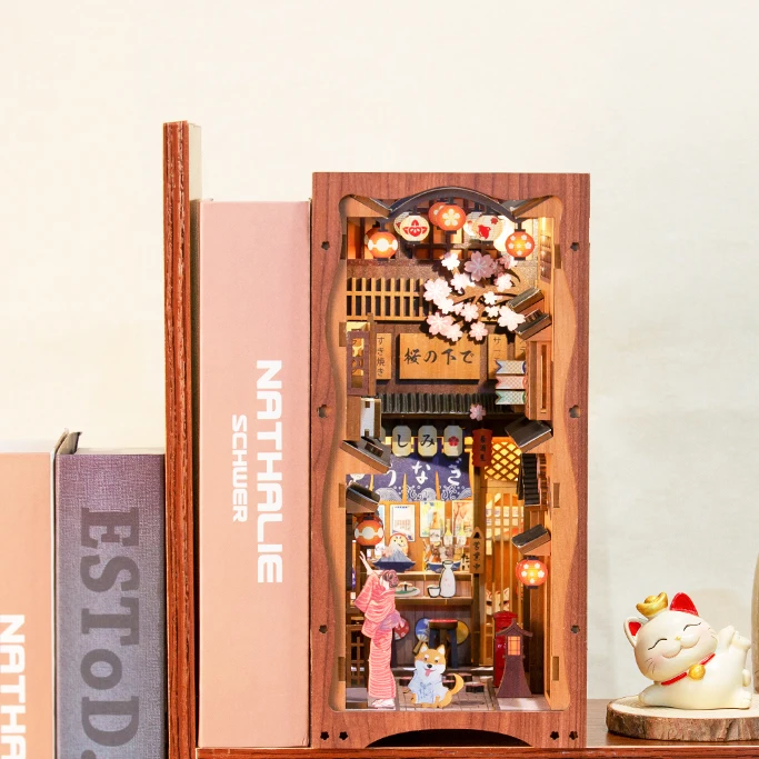 Cutebee Japanese Sakura Wooden Miniature House Furniture Book Nook Kits for Gifts