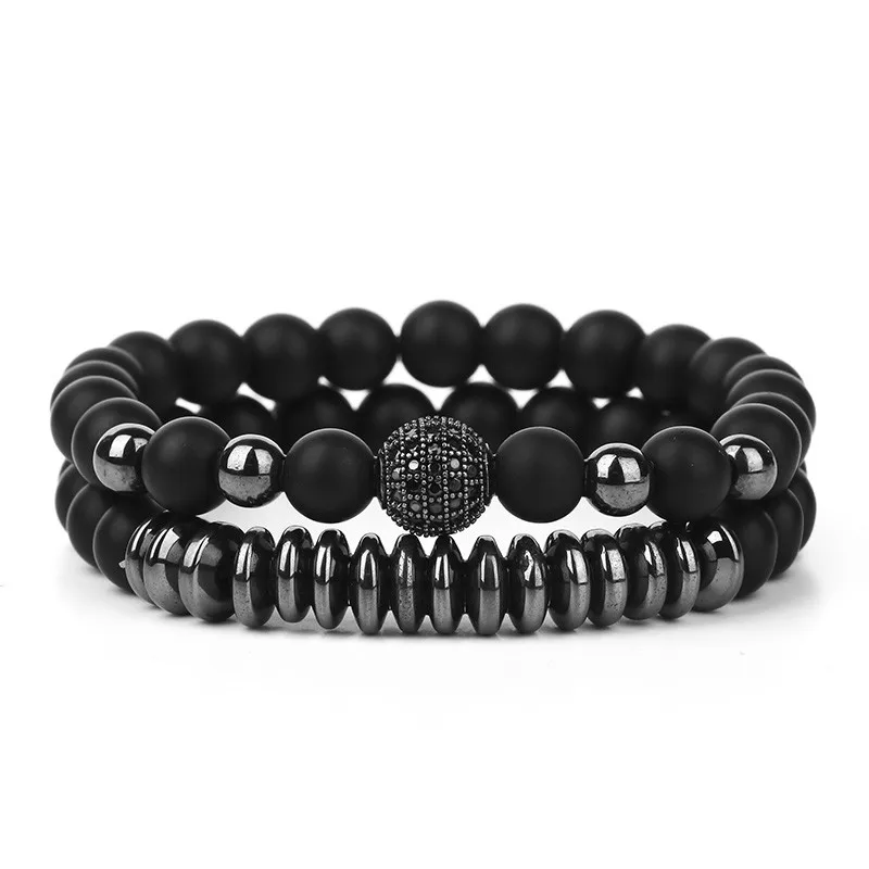 

2pc/sets beads Natural stone Bracelets for women Micro Pave CZ Ball Charms Bracelet Men jewelry, Black