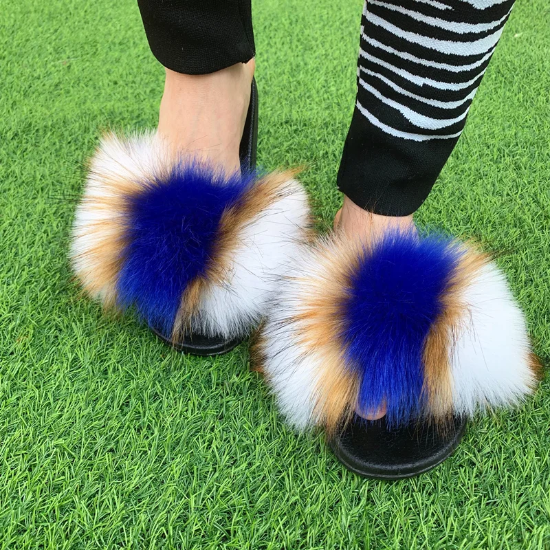 

Wholesale New Fashion Custom Fluffy Fake Female Sandals Women Faux Fur Slippers Slides, Customized color