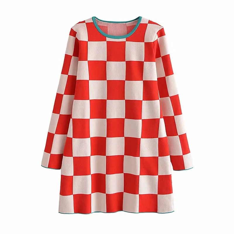 

Vintage Round Neck Jacquard Weave Checked Loose Fit Knitted Sweater Dresses Casual Long Sleeve Dress Cheap Apparel, Red