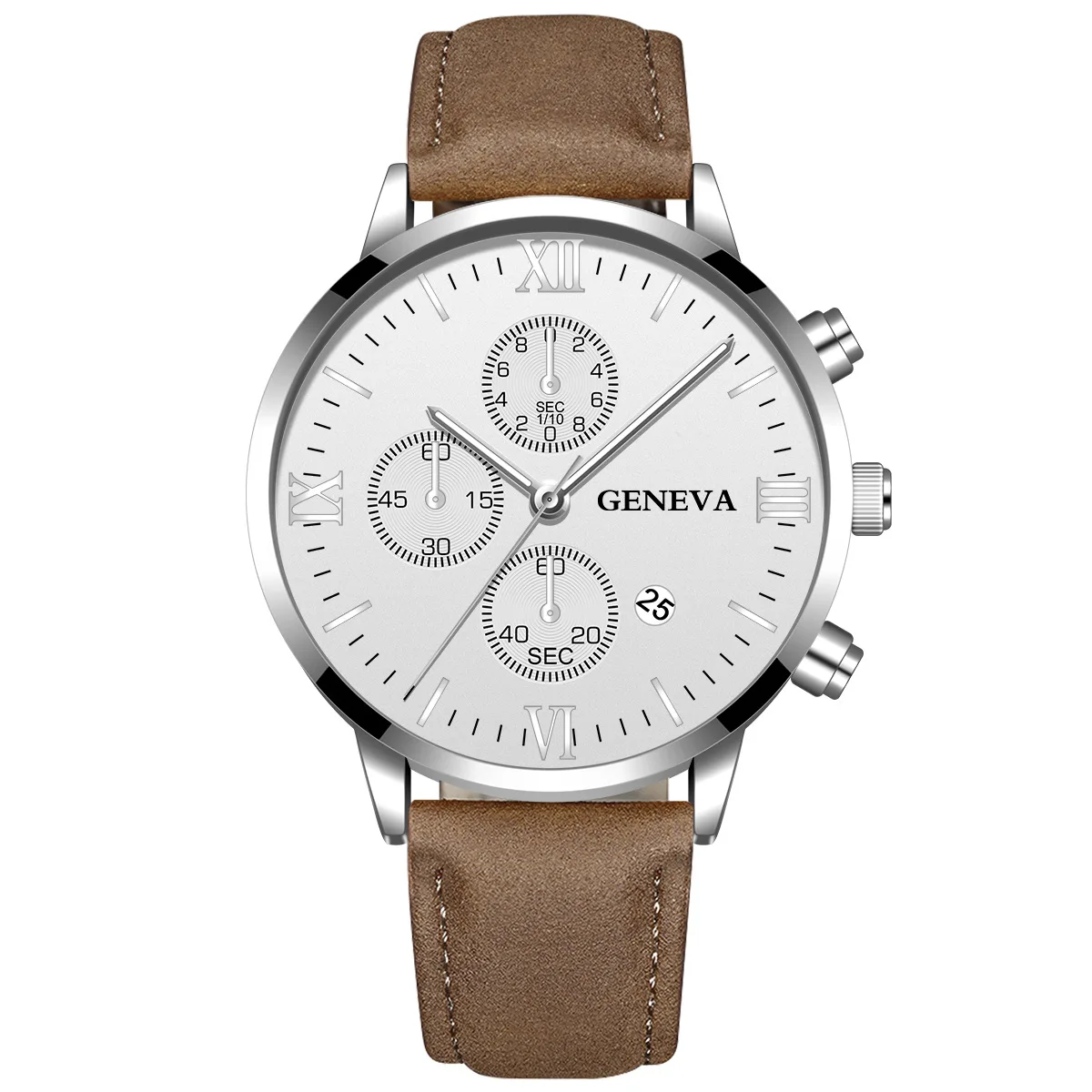 

Men's belt watch Geneva stainless steel quartz watch with Roman numerals and calendar