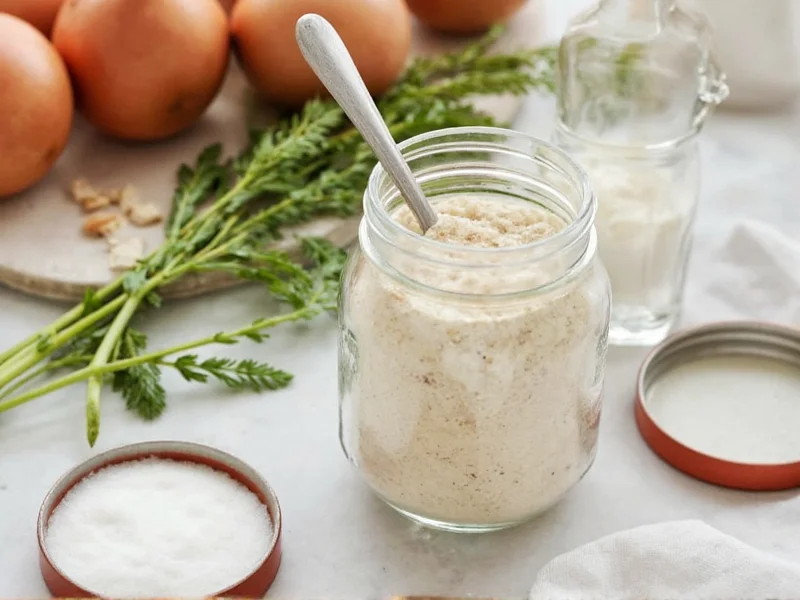 Homemade onion soup mix in mason jar with fresh herbs