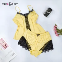 

VICTORIA'S KEY Yellow V Neck Cami Lace Top Female Shorts Pajama Set Women Spaghetti Strap Sleeveless Sexy Sleepwear Nightwear