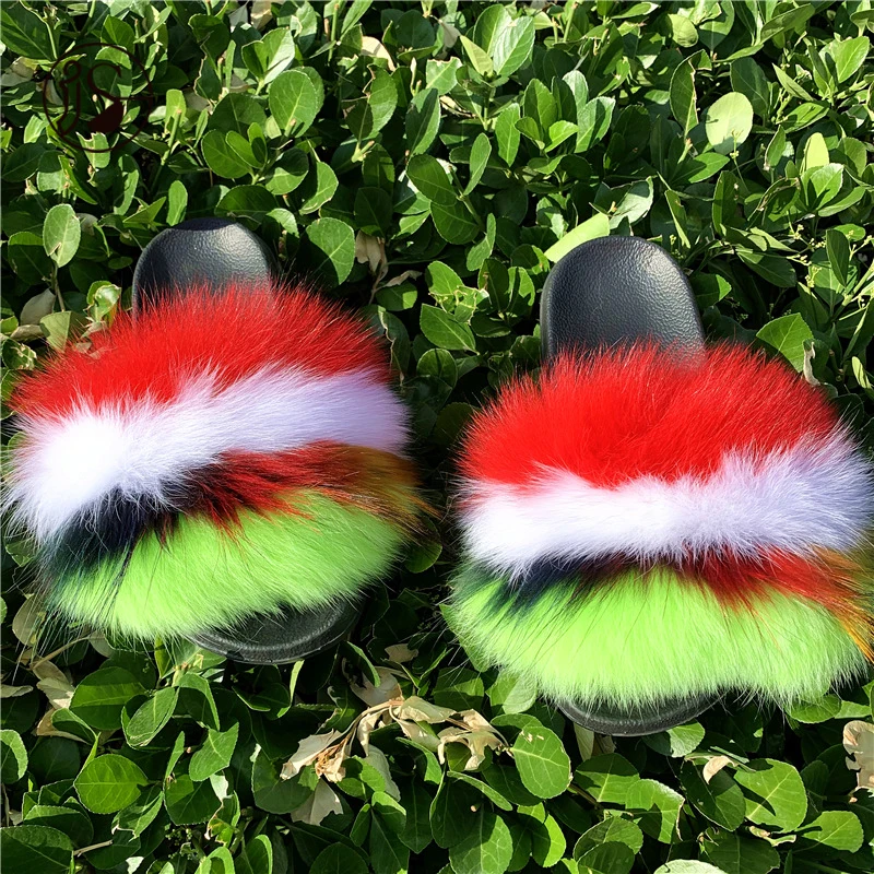 

Hot selling product raccoon furry slides pvc sole with factory prices fox fur slippers for women, Picture