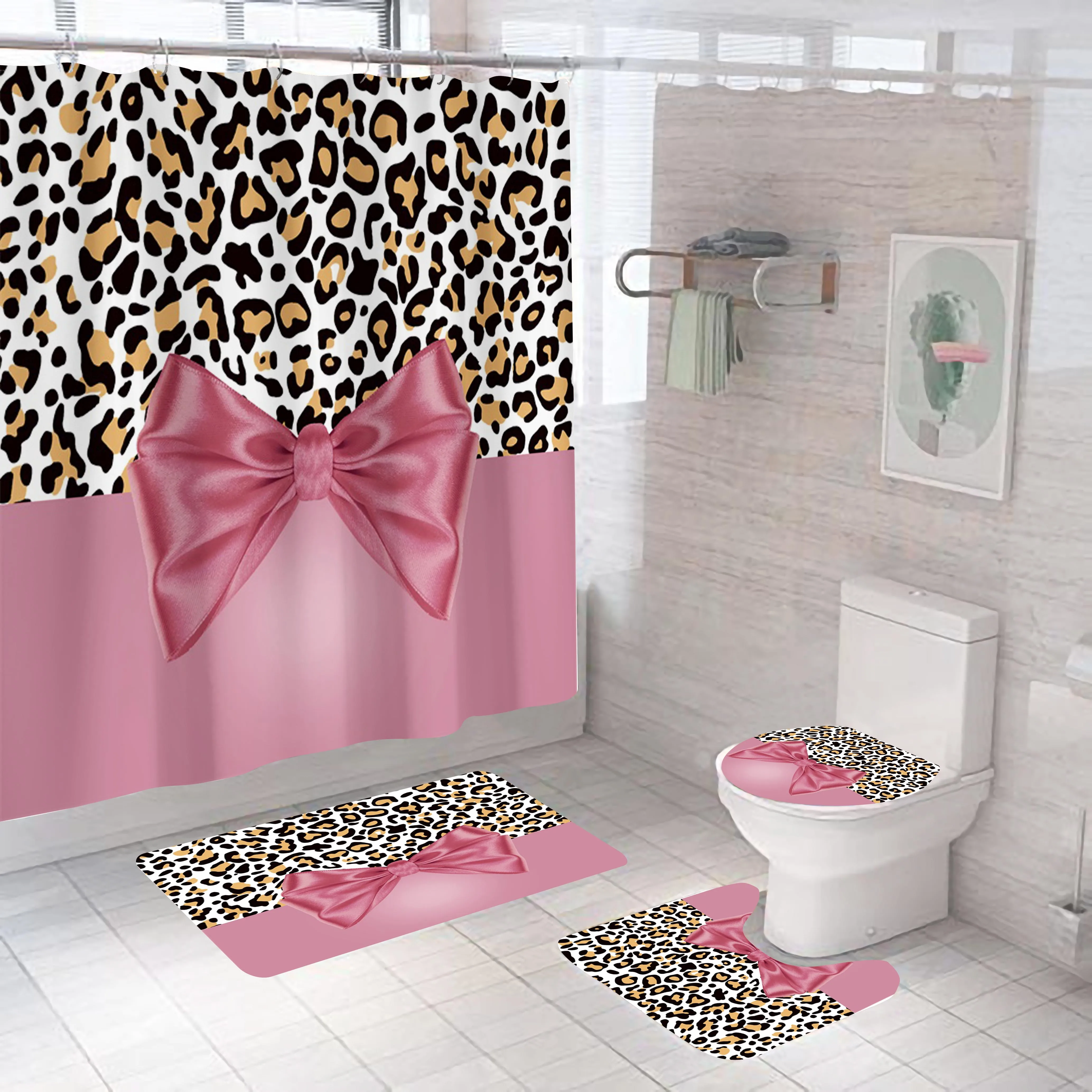 

Modern Custom Printing 3D Pink Bowknot and Leopard Print Shower Curtain Sets 4 pieces with Rugs for women