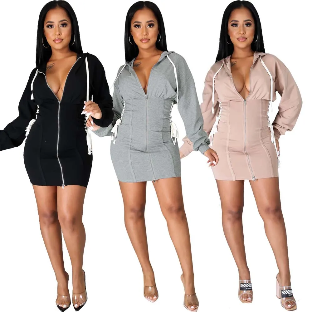 

Sweatshirt Hoodie Dress Women Fall 2020 Hoodie Dress Woman Lace Up High Waist Bodycon Long Sleeve Dress with Zipper