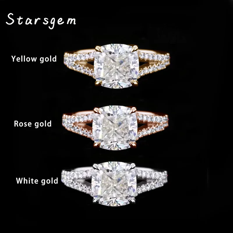 

Starsgem fashion jewelry DEF VVS cushion cut moissanite diamonds white 14K solid gold ring