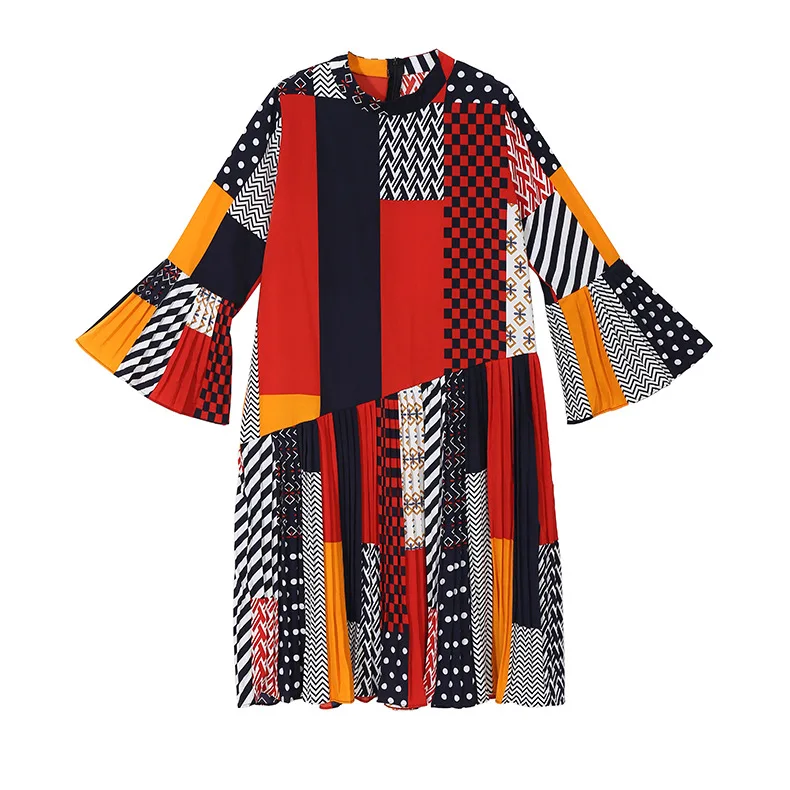 

2020 New Style Women Long Flare Sleeve Colorful Printed Dress Red Patchwork A-Line Lady Stylish Midi Party Dress Robe