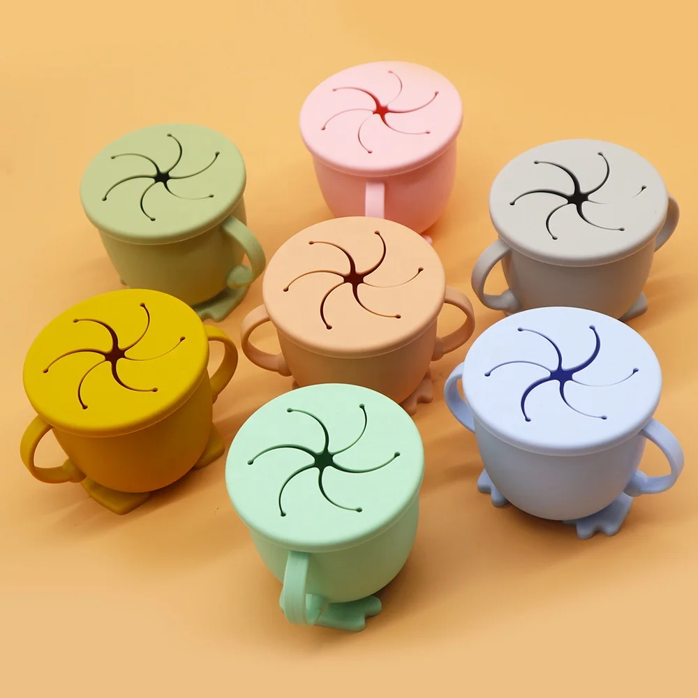 

Premium Portable Reusable Food Grade Funny Anti Spilt Silicone Snack Cup for Kids Baby Snack Catching Cup Storage Cup, Grey, blue, green, pink