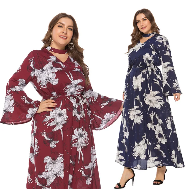 

PSD2100 2021 Fast Shipping Cut out Long Flare Sleeve Plus Size Maxi Floral Dresses Women, As show