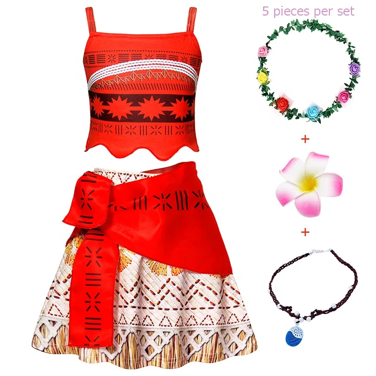 

Hot Princess Moana Two-piece Dress Summer Carnival Dress for Girls Boutique Kids Fancy Costume TV & Movie Costumes Children 5pcs