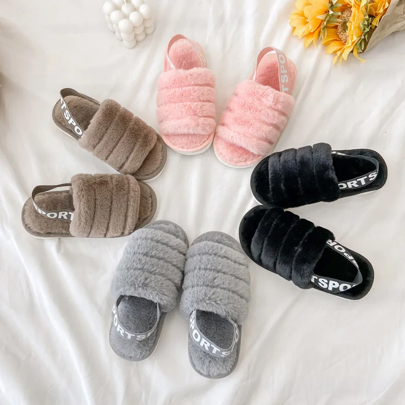 

Dropshipping Autumn Faux Fur Slippers Kids Custom Elastic Children Fur Shoes Fur Slippers Mommy and Me, As photo