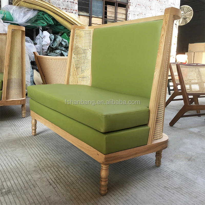 Cafe Restaurant Nordic 2 Seater Wooden Cane Leather Booth Sofa