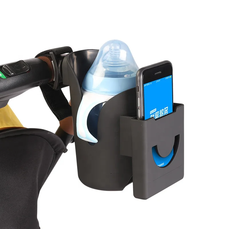 

Two-In-One Black ABS Plastic Baby Bottle Holder Stroller Accessories Cup Holder With Phone Slot