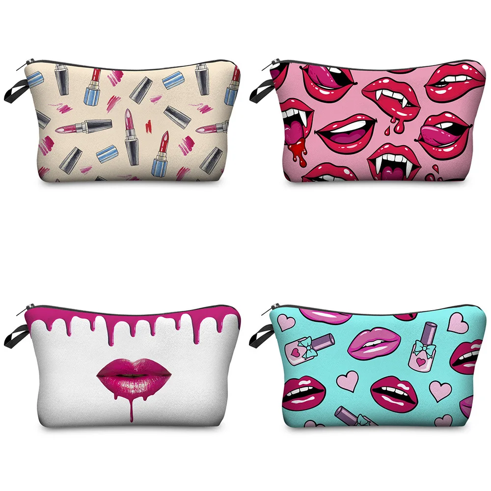 

wholesale 3D digital printing sexy lips small travel cosmetic bag custom European and American handbags makeup bag