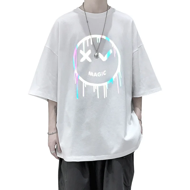 

Reflective t-shirt men's trend loose round neck Hong Kong summer hip hop short sleeve T-shirt