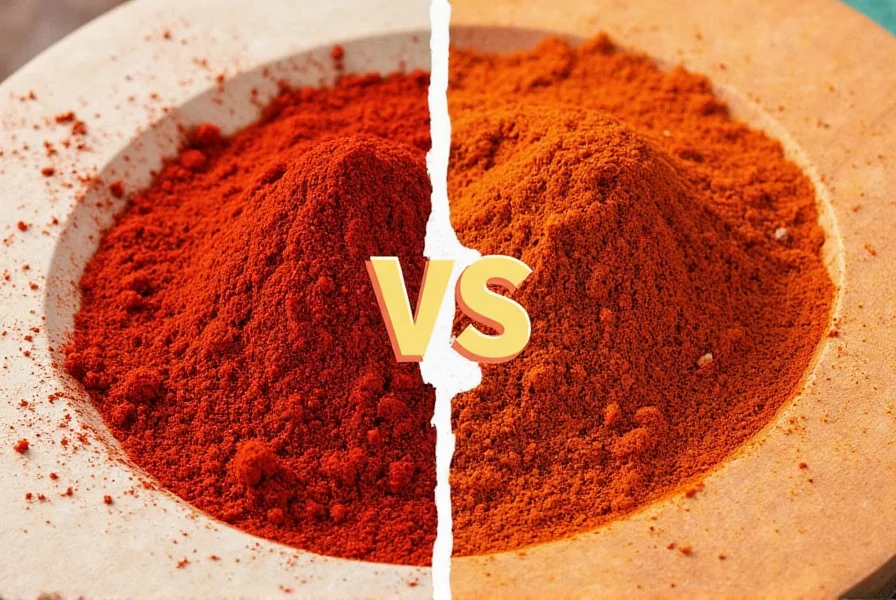 Two small bowls containing paprika and smoked paprika side by side showing subtle color differences
