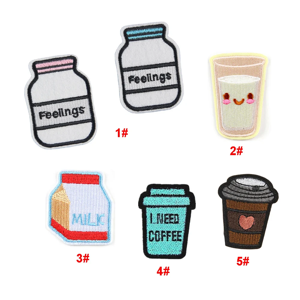 

custom made coffee cup milk bottle design iron on clothes shoes bag hat embroidery decoration patches