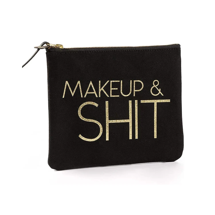 

Promotional custom logo gold stamping cotton canvas zipper makeup pouch women travel cosmetic black make up bag, Customized color