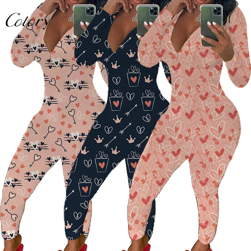 

Colory Womens Onesie Valentines Day Print Rompers Women V Cut Jumpsuit, Picture shows
