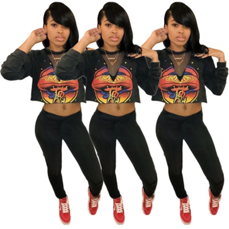 

womens spring clothing 2021 high waist printed hoodies trousers sweatsuit 2 piece set women clothing, Picture