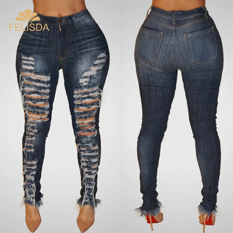 

Hot Women's Slim Fit Long Plus Size Pants & Jeans Fashion Blue Ripped Hole Tassel Stretch Women Denim Jeans Trousers