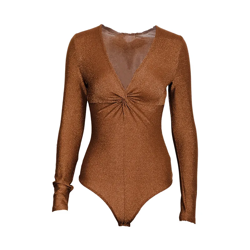 

2020 new arrivals spring long sleeve deep v neck pleats design shiny fabric women bodysuit