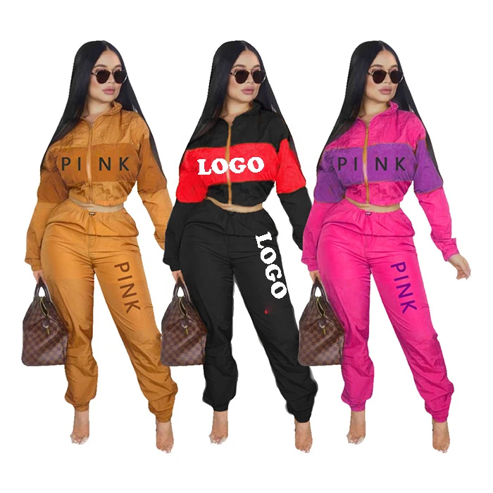 

QC605 2021 New arrival custom printed long sleeve womens two piece set casual patchwork pink outfits tracksuit women apparel