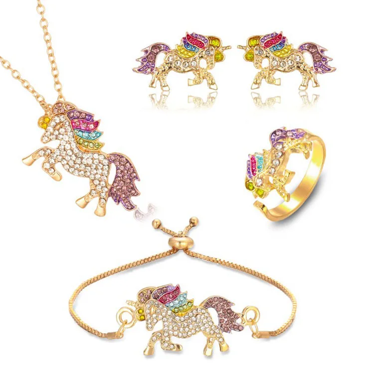 

Fashion Luxury Creative Children Jewelry color Rhinestone Unicorn Necklace Bracelet Ring Earrings Kids Jewelry Set for gift, Silver color/gold colour